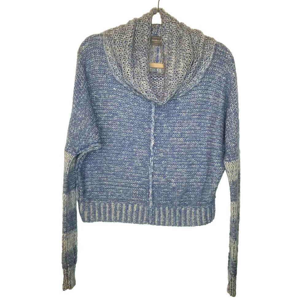 Wooden Ships Blue Cowl Neck Mohair Wool Striped Sleeve Open Weave Sweater S/M‎